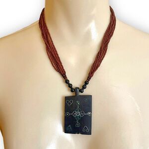 Painted Blackwood Pendant Seed Bead Multi Strand Statement Necklace